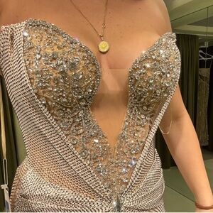 Tan and Pink Embellished Backless Gown